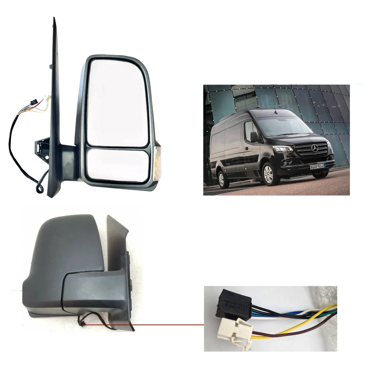 Mercedes Sprinter Complete Wing Mirror Unit 2018-2024 — Electric, Heated, Manual Folding, Short Arm, Indicator, Twin Glass, Black Cover — Right Driver Side
