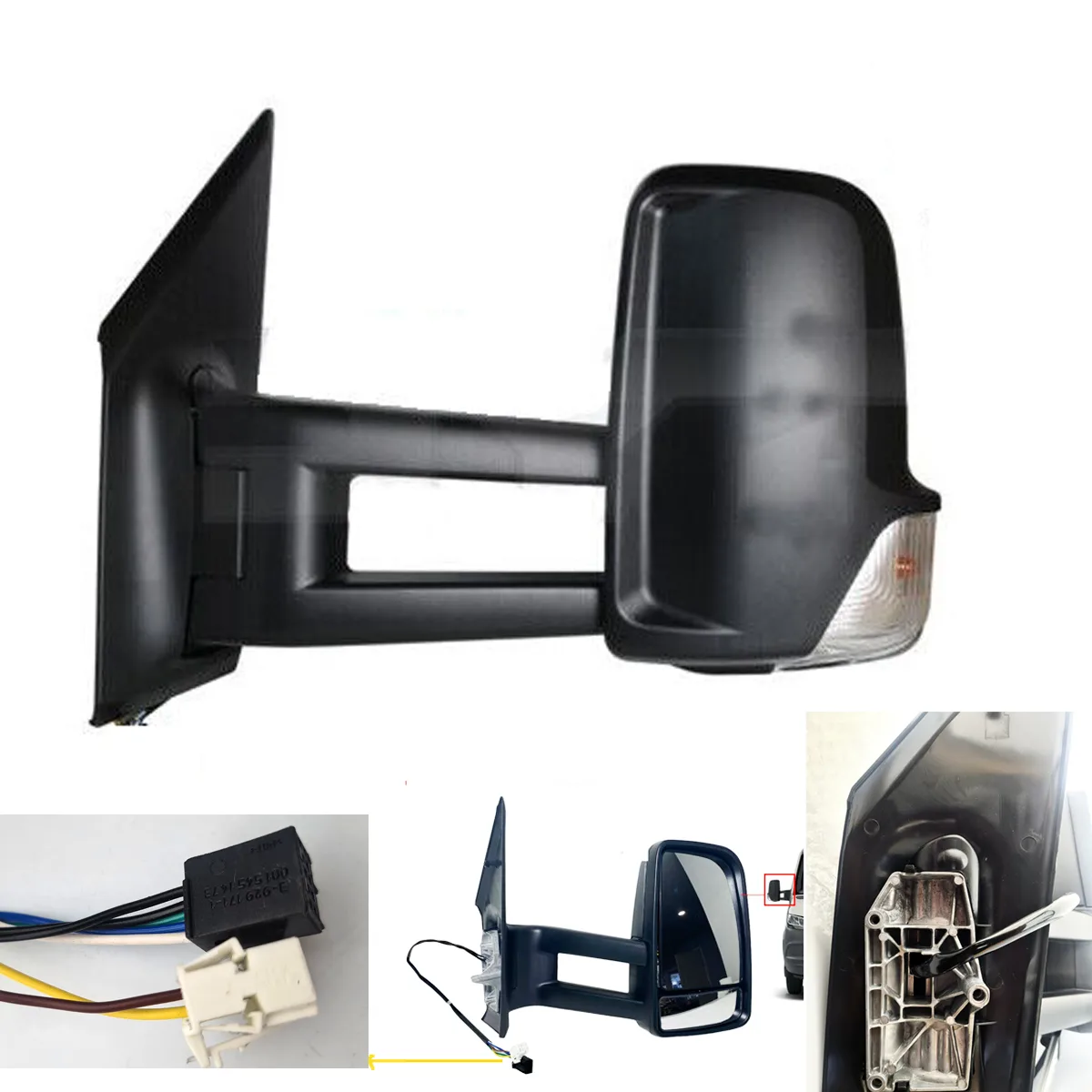 Mercedes Sprinter Long Arm Mirror Complete Wing Mirror Unit 2019-2025 — Electric, Heated, Manual Folding, Long Arm, Indicator, Twin Glass, Black Cover — Right Driver Side